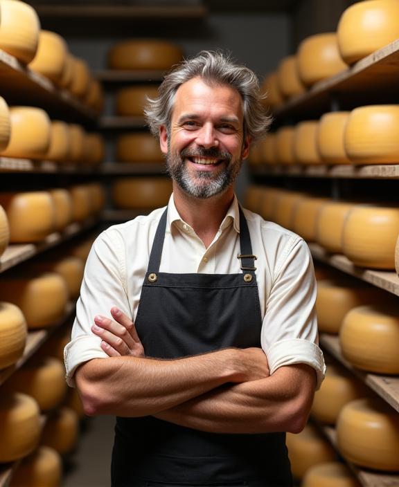 Portrait du maître fromager souriant dans sa cave d'affinage.
